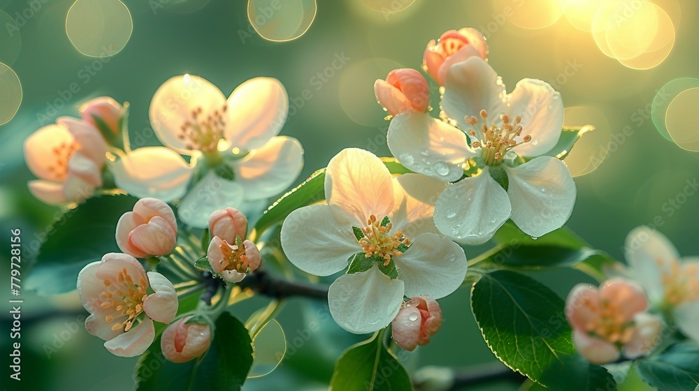 A close-up of apple tree blossoms, highlighting the intricate details of the flowers. AI generate illustration