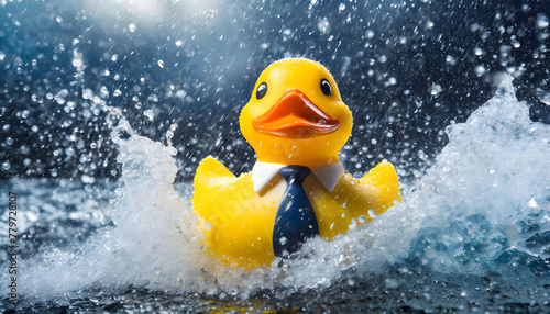 Yellow Rubber Duck Wearing Tie in Water. Generative AI © SolaruS
