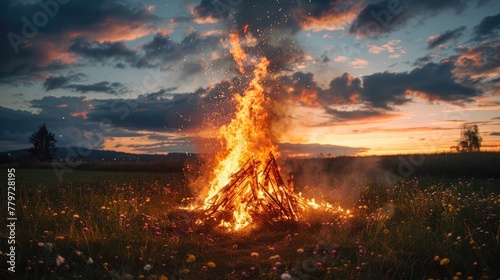 Blazing Summer Solstice Bonfire in Tranquil Countryside Landscape at Dusk