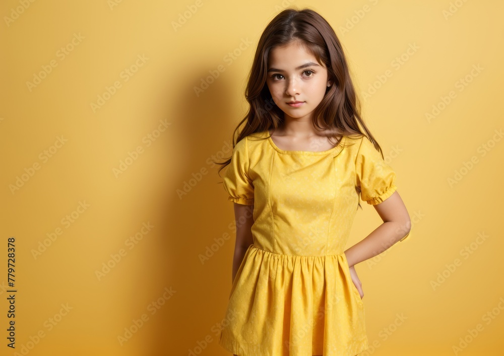 Photo of an adorable gorgeous girl dressed nice outfit standing with crossed arms isolated on a yellow color background Photo of an adorable gorgeous girl dressed nice outfit standing with crossed arms isolated on a yellow color background