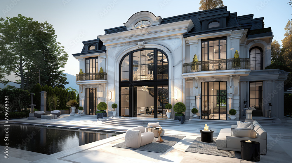 high-end luxury expensive classic new money villa or mansion with pool, wealthy lifestyle