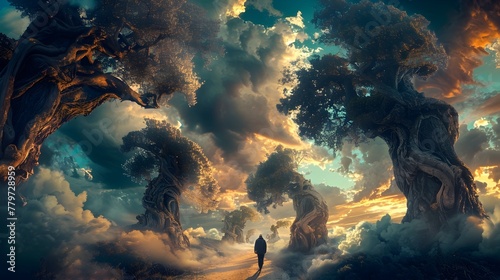 A Lone Traveler Traverses a Surreal Dreamscape Amidst Twisted Ethereal Trees and an Otherworldly Sky