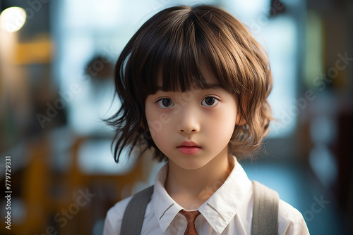Generative AI image of asian preteen kid in uniform against blurred background