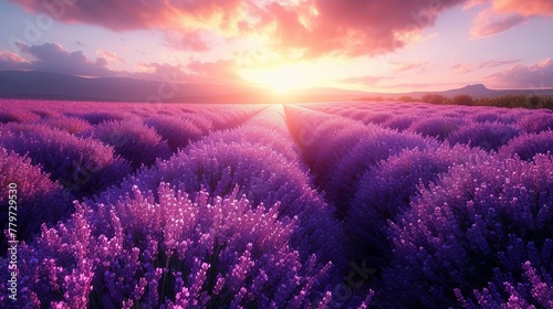 A lavender field with rows of lavender bushes. AI generate illustration