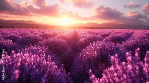 A lavender field during sunrise  with a soft glow illuminating the lavender bushes. AI generate illustration