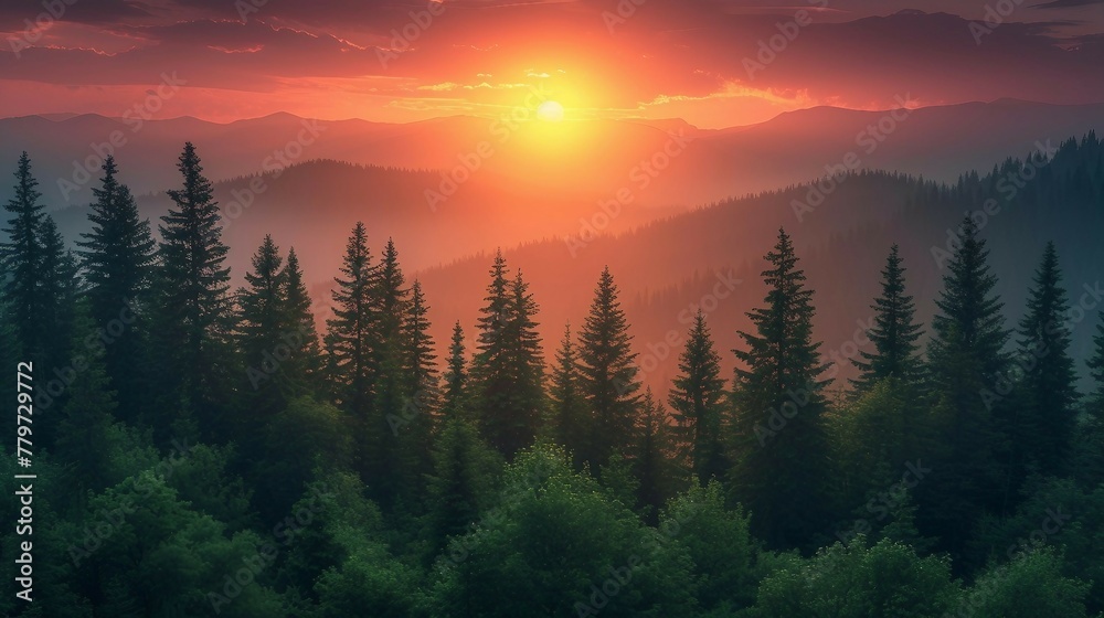 A pine tree forest at sunset, capturing the warm hues of the evening sky. AI generate illustration