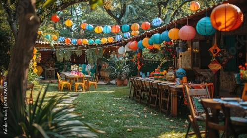 Festive Outdoor Party Setting with Colorful in Lush Garden