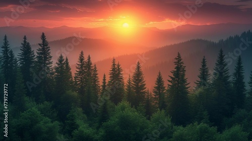 A pine tree forest at sunset, capturing the warm hues of the evening sky. AI generate illustration © PandaStockArt