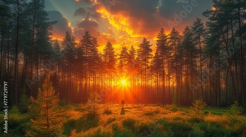 A pine tree forest at sunset  capturing the warm hues of the evening sky. AI generate illustration