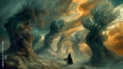 Solitary Figure Traversing a Dreamscape of Twisted Trees and Ethereal Skies