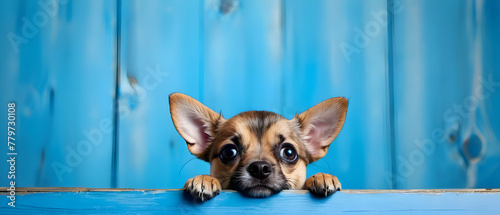 Doggy head with paws up peeking over blue wooden background. Little tabby dog curiously peeking out from behind blue background with copy space