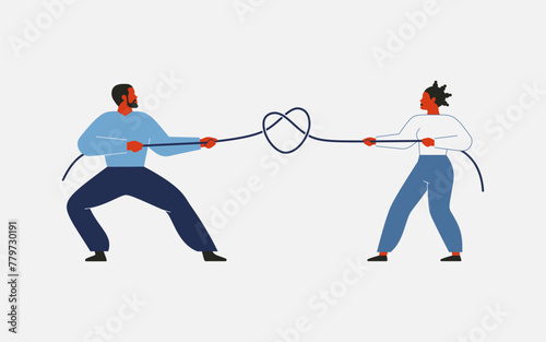 Tug of war between man and woman. Struggle for gender equality or conflicting interests or values. Husband and wife are pulling rope as symbol of control in relationships. Vector illustration
