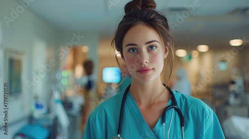 Female medical professional wearing scrubs using pulse oximeter in hospital setting photo