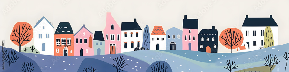 Hand drawn cozy city street, town in trendy children's book flat style horizontal banner