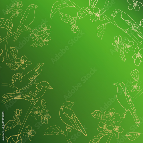 green background with golden birds on branches. Vector banner. Floral illustration with gradient. Spring garden.