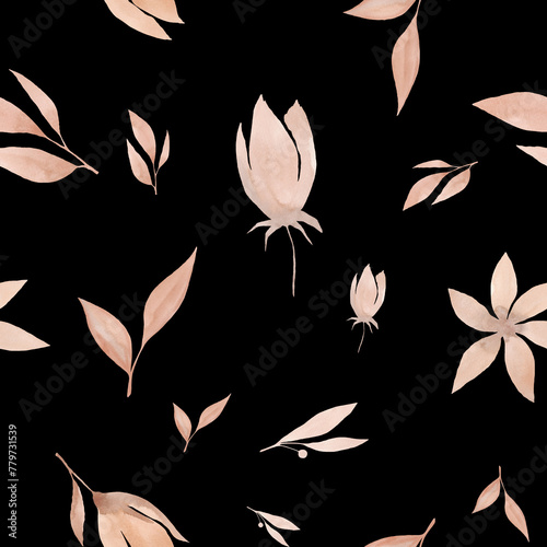 Beige watercolor flowers and leaves on a black background, seamless pattern, hand-drawn.  Botanical illustration, pattern template for fabric, wrapping paper, wallpaper. Floral background pattern.