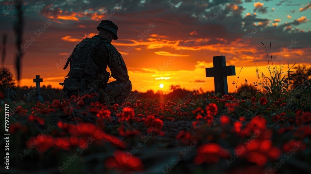 Against the backdrop of a vibrant sunset, a silhouette of a soldier kneeling before a fallen comrade's grave, his shadow elongated in a gesture of reverence and respect. - obrazy, fototapety, plakaty 