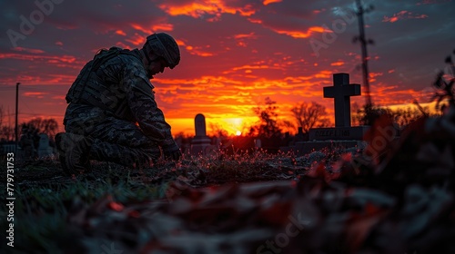 Against the backdrop of a vibrant sunset, a silhouette of a soldier kneeling before a fallen comrade's grave, his shadow elongated in a gesture of reverence and respect.