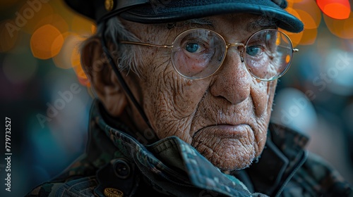 Veterans march in solemn procession, their faces etched with determination and resolve, a living testament to the resilience of the human spirit in the face of adversity. photo