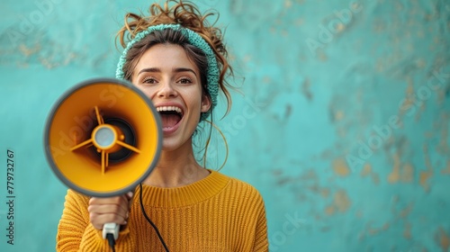 A confident woman using a megaphone to amplify her message and reach a wider audience.