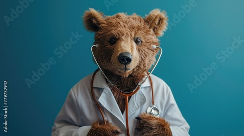 Diligent Bear Doctor Providing Compassionate Medical Care with Stethoscope photo