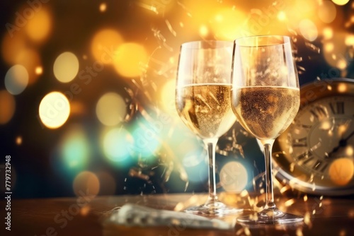 2025 New Year celebration. Champagne and clock for countdown with abstract defocused background