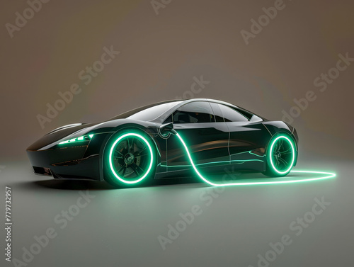 A futuristic electric car, with neon green wheels and a glowing light on the hood © Toey Meaong