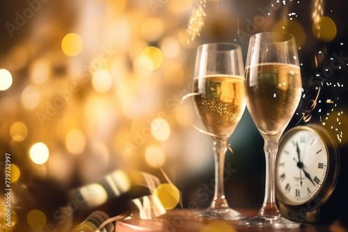 2025 New Year celebration. Champagne and clock for countdown with abstract defocused background