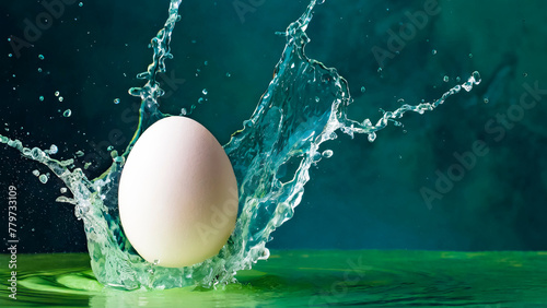 Frisches Ei mit Wasserspritzer auf blauem Hintergrund	