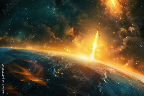 Generative ai on theme of beautiful space rocket in sky, bright meteorites glow in atmosphere photo