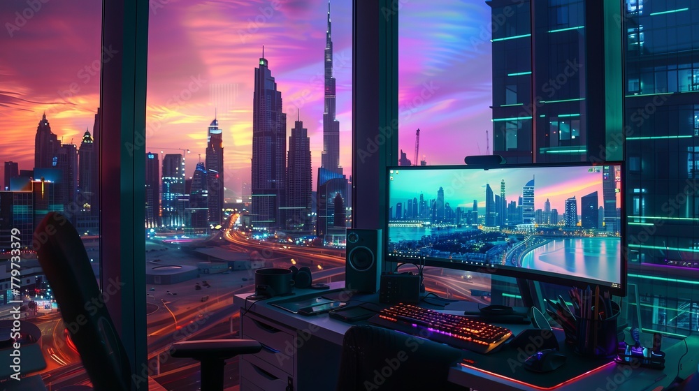 A monitor desk on a table in a dark sky blue and magenta style, Dubai skyscrapers, dramatic lighting - obrazy, fototapety, plakaty 