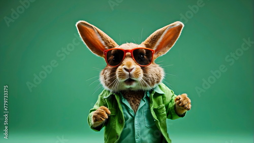 funny rabbit dancing with sunglasses with green background generative AI