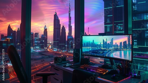 A monitor desk on a table in a dark sky blue and magenta style, Dubai skyscrapers, dramatic lighting