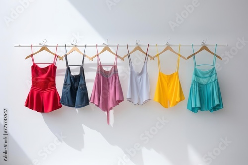 Dresses of different colors hang on hangers on a white background