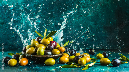 Frische Oliven mit Wasserspritzer auf blauem Hintergrund	