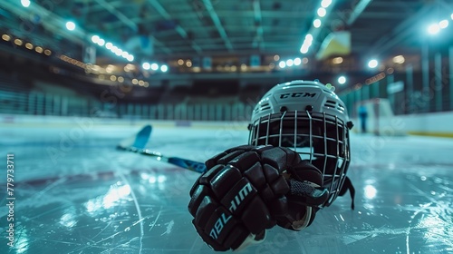 ice hockey helmet and stick and gloves ice rink stadium inside