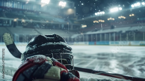 ice hockey helmet and stick and gloves ice rink stadium inside