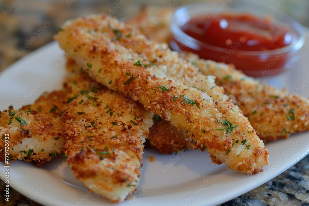 Crispy fish strips with ketchup. Crispy fish strips with ketchup.