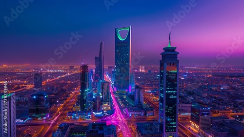 Al Mamlaka Kingdom Tower, Riyadh, Saudi Arabia with its enchanting sparkle. Skyscraper at Night photo