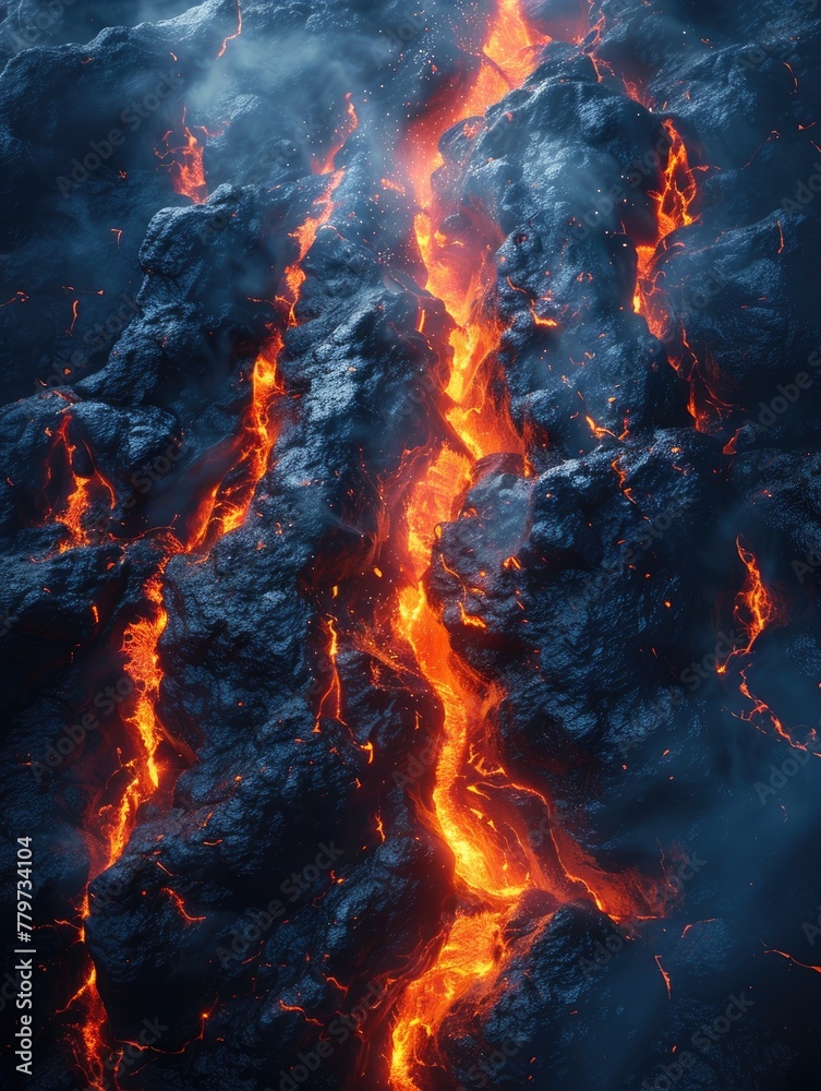 Magma, scorched rock floor with molten rocks and lava cracks.