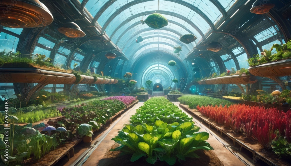 A lush, futuristic dome greenhouse, brimming with vibrant vegetation and floating garden beds, under a clear arched ceiling.. AI Generation - obrazy, fototapety, plakaty 