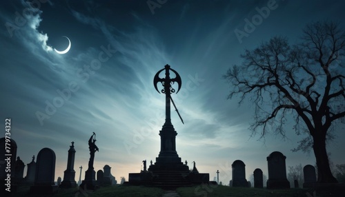A cemetery silhouette stands stark against a dramatic sky with a crescent moon, conveying a sense of peace and the passage of time in a place of eternal slumber.. AI Generation