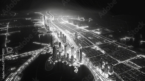 Dubai city map, monochrome images in subtle chiaroscuro style photo