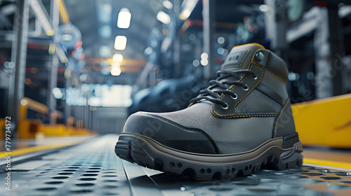 Realistic 8K high-definition image of safety work shoe on factory floor - Ai Generated © mady
