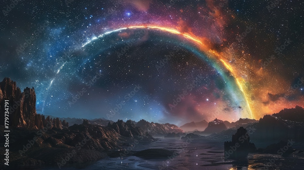 Rare Moonbow and Celestial Landscape in Captivating Night Sky