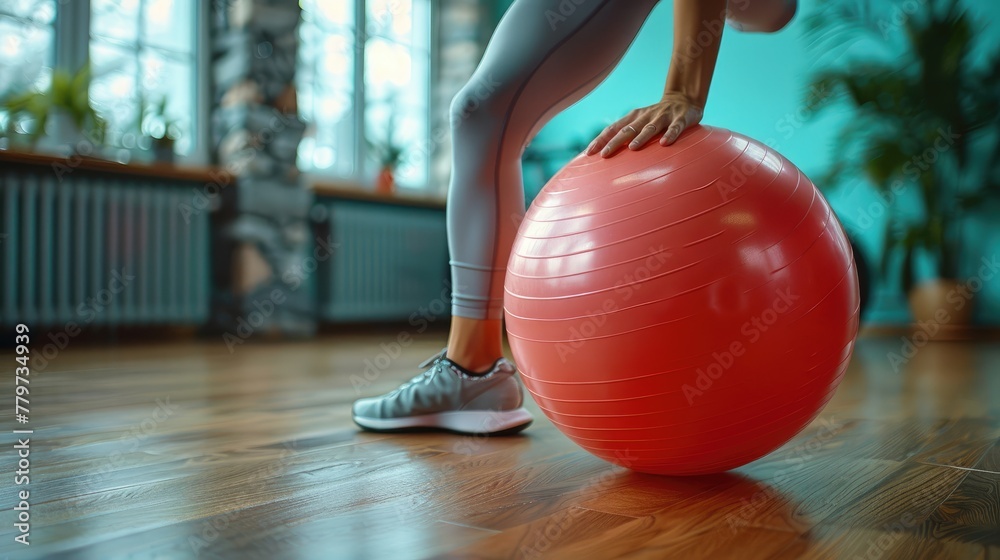 A person using a stability ball in a fitness studio. A person using a stability ball in a fitness studio.