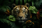 Generative Ai of wild big cats peeking through rainforest foliage representing International Wildlife Day