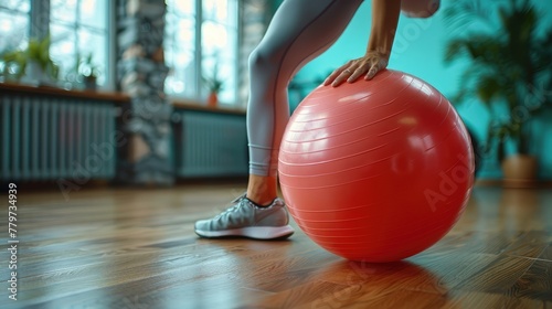 A person using a stability ball in a fitness studio.