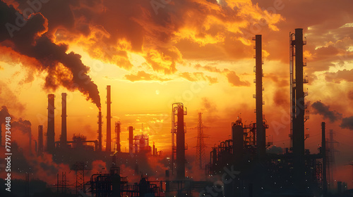 Describe industrial scene with bold sunset backdrop - Ai generated