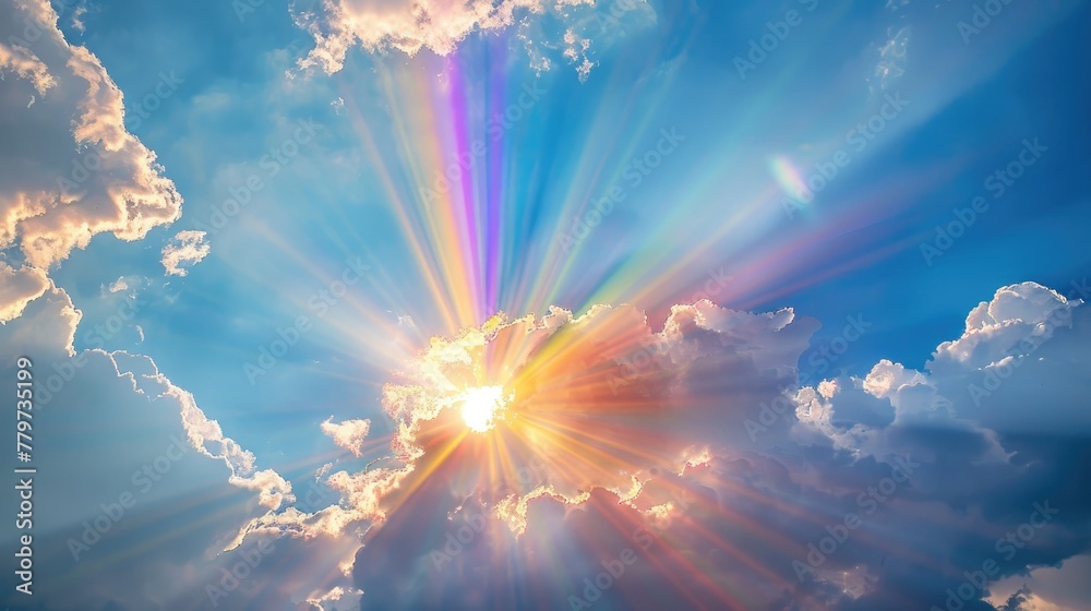 Radiant Sun Peeking Behind Vibrant Rainbow in Ethereal Cloudscape